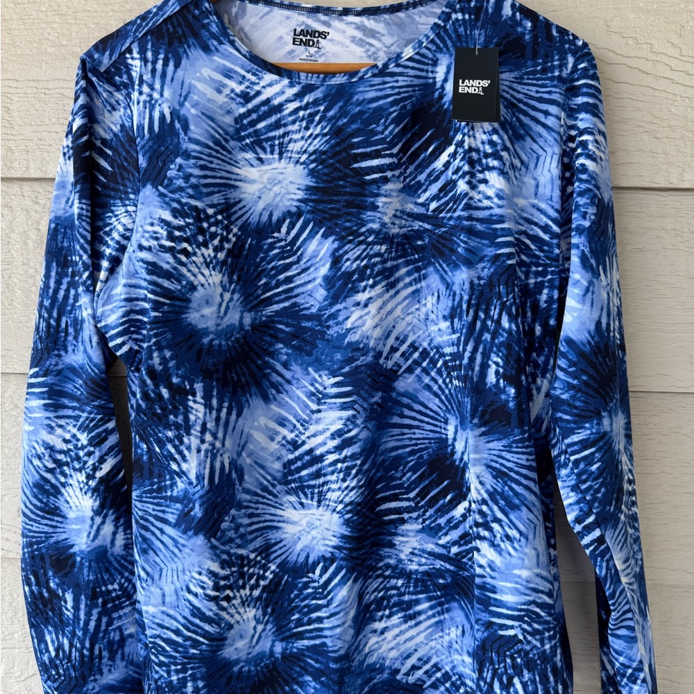 Lands' End Ocean Blue Patterned Long Sleeve Rash Guard LG